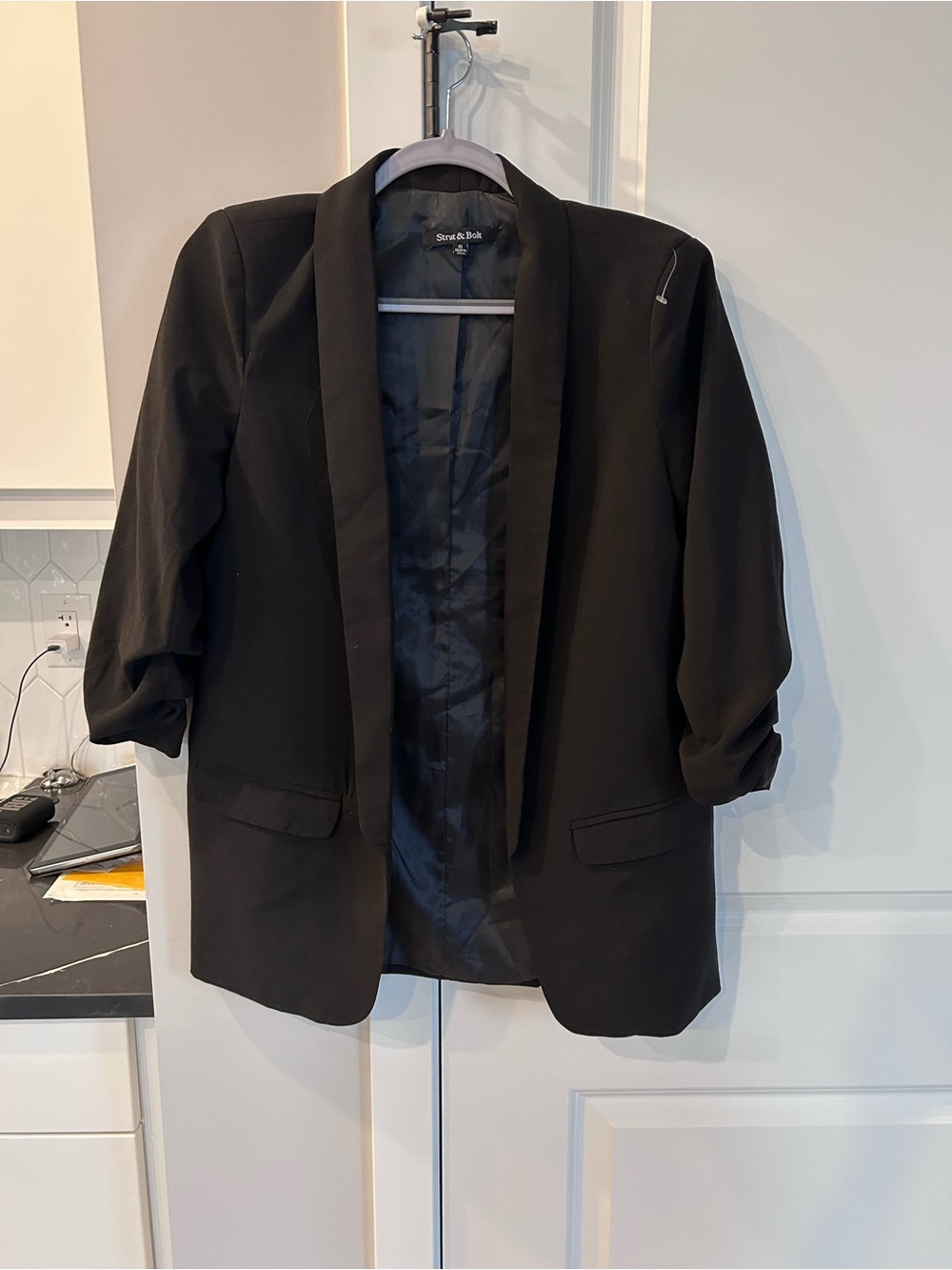Strut & Bolt Black 3/4 Ruched Sleeve Blazer Jacket Career Chic Layering Piece